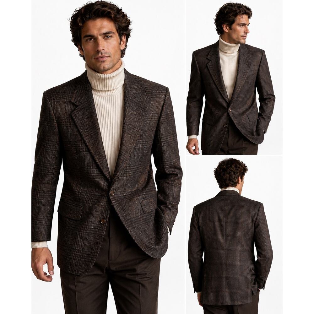Vintage 1980s Yves Saint Laurent Monte Carlo Blazer Men 44 Tall Brown Plaid Wool